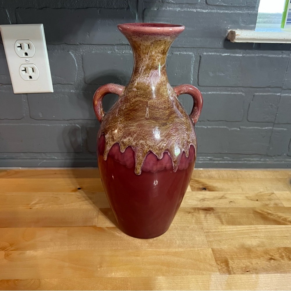 Beautiful Magenta/ Brown Drip Glazed Pottery Art Handled Vase 11” Home Decor